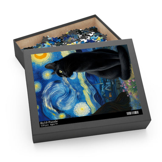 Mystical Black Cat Under Starry Night Jigsaw Puzzle 120-500 Pieces | Enchanting Night Sky Art for Cat Lovers and Witchcraft Enthusiasts