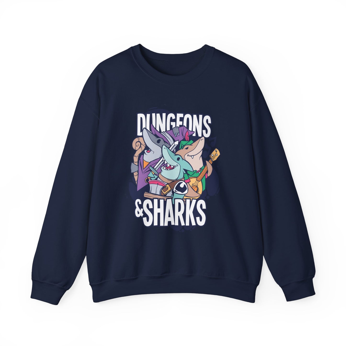 Dungeons and Sharks Funny D&D Parody Sweatshirt | Nerdy Fantasy Game Sweater Shark Lovers | Unique Winter Gift | Cozy Fun Sweatshirt Gamers