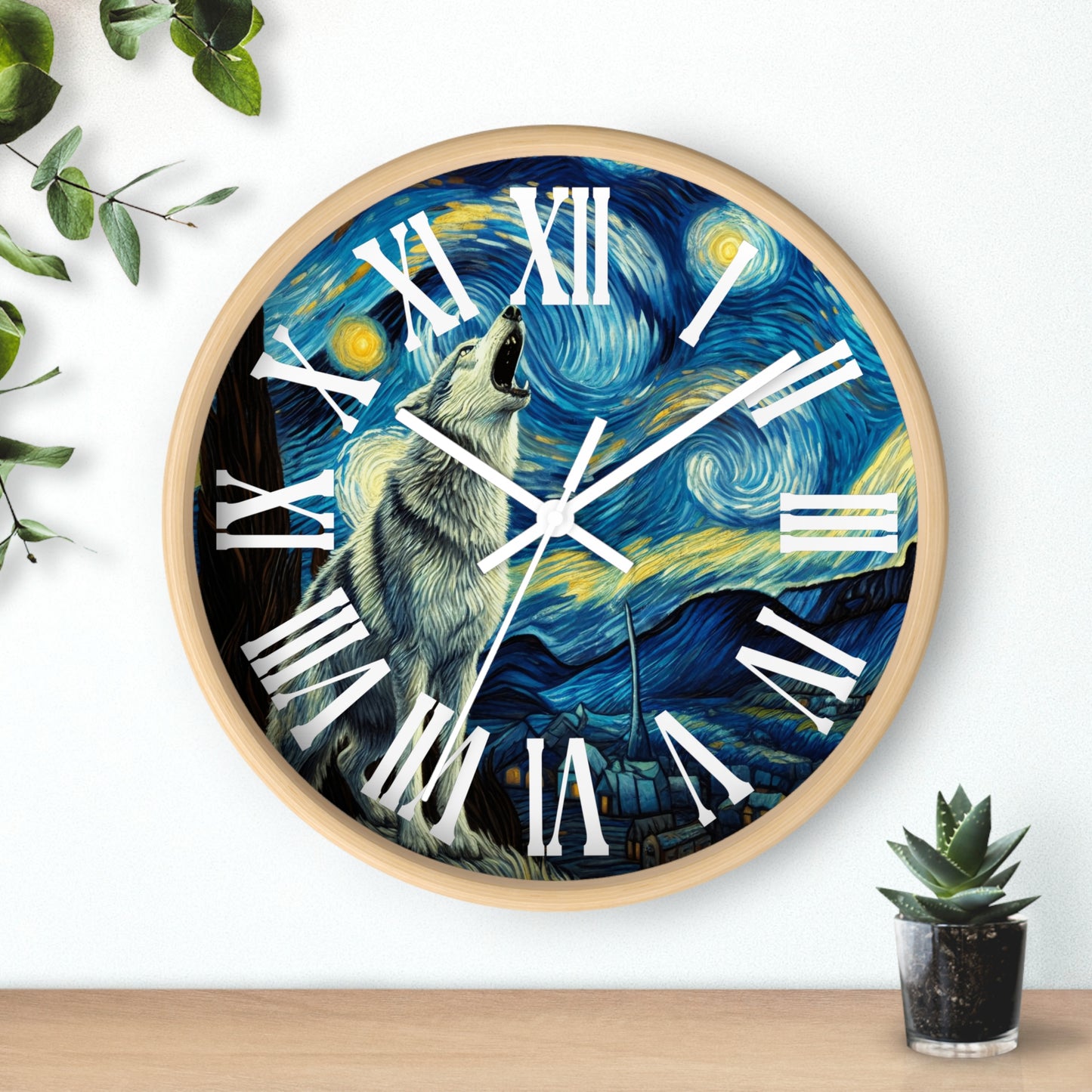 Lone Wolf Night Sky Wall Clock Roman Numeral | Battery Operated | Starry Night-Inspired Art Gift Wolf and Nature Lovers Wall Decor Wolf Gift