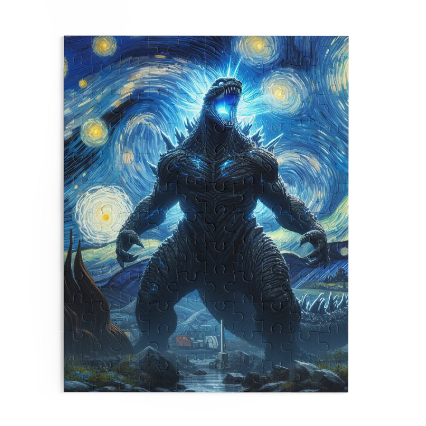 Giant Dinosaur Lizard Night Sky Jigsaw Puzzle 120-500 Pieces | Kaiju-Inspired Starry Night Art for Epic Dinosaur & Monster Fans