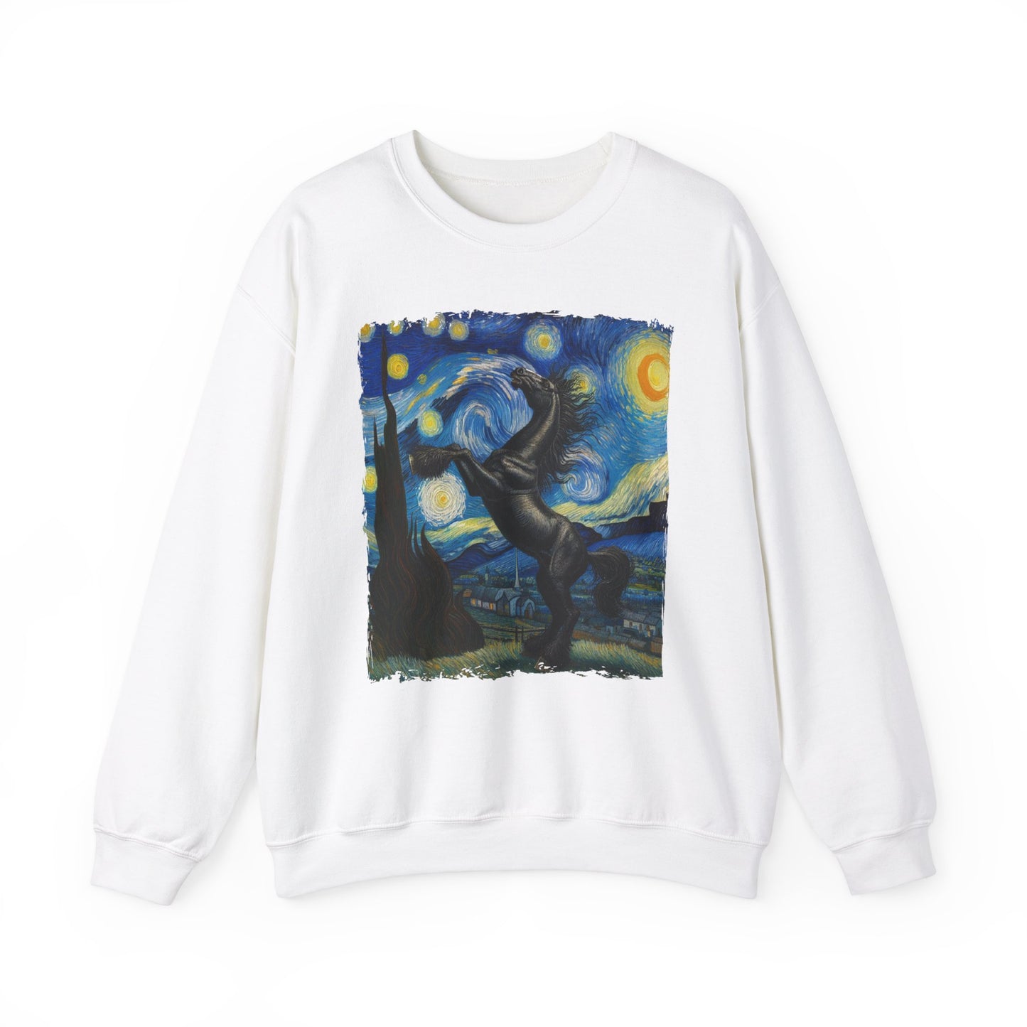 Majestic Black Horse Night Sky Crewneck Sweater | Starry Night-Inspired Equine Art | Perfect Gift Horse Lover Sweatshirt Horse Humor Apparel