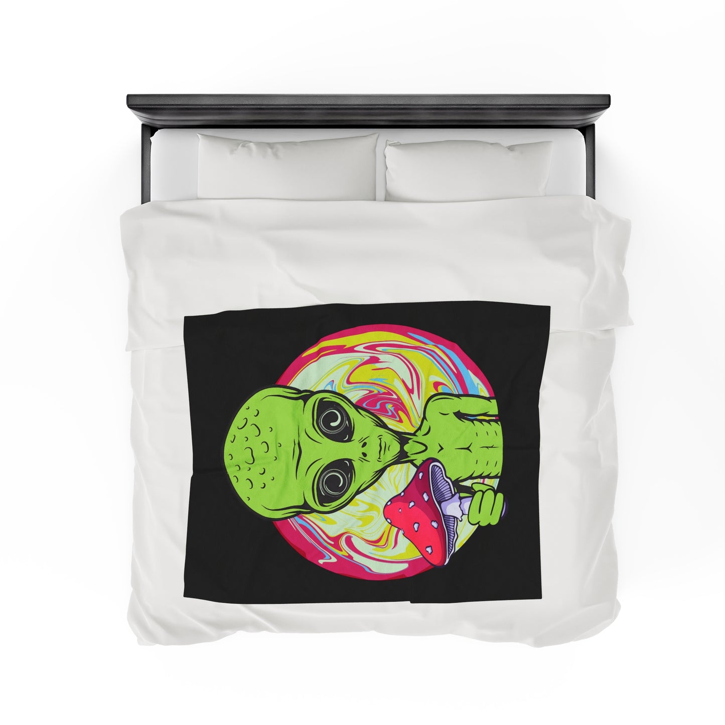 Alien Holding Mushroom Velveteen Plush Throw Blanket | Trippy Psychedelic Blanket | Rave Festival Accessory Cozy Gift Alien Mushroom Lovers