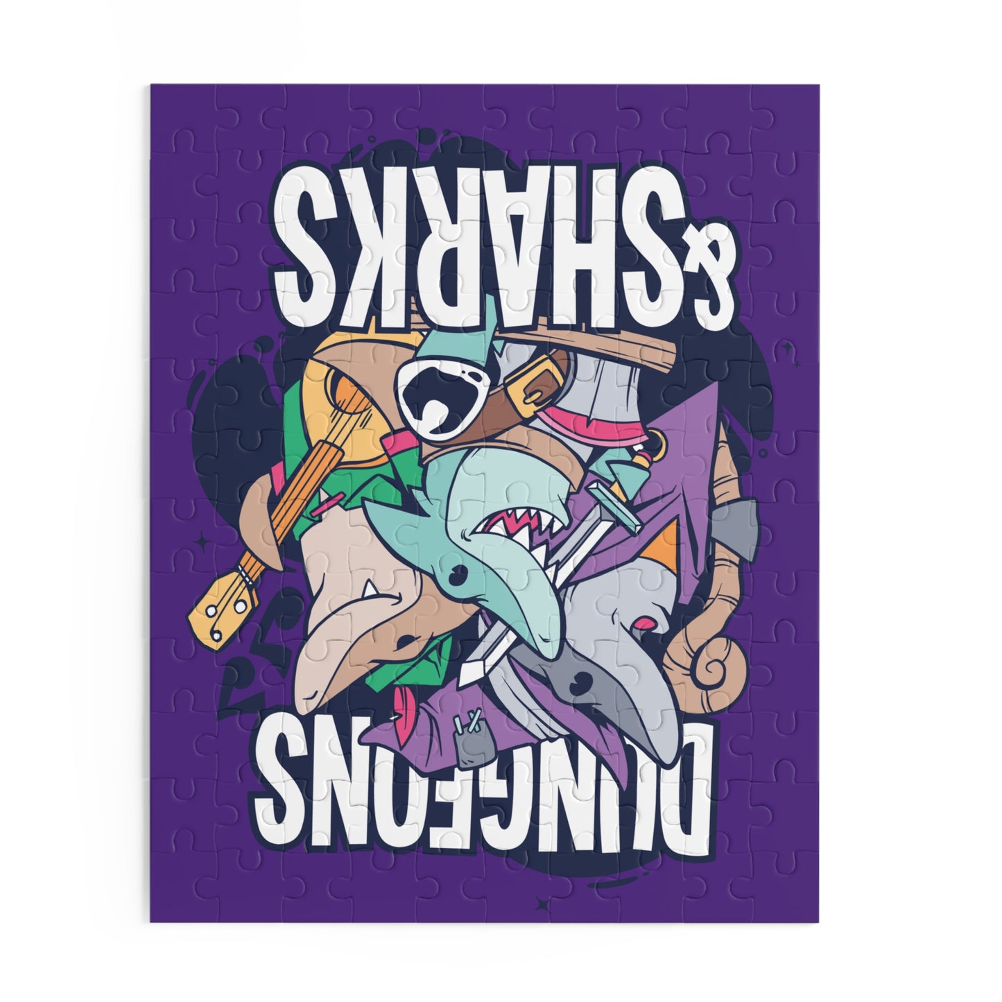 Dungeons and Sharks Jigsaw Puzzle Funny D&D Parody 120-500 Pieces for Nerdy Fantasy Game Fans and Shark Lovers RPG Style Puzzle