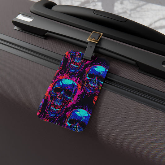 Neon Angry Skulls on Fire Luggage Tag - Fiery Neon Art Accessory for Bold Travelers - Perfect Baggage ID for Hot Adventure Neon Gothic Style