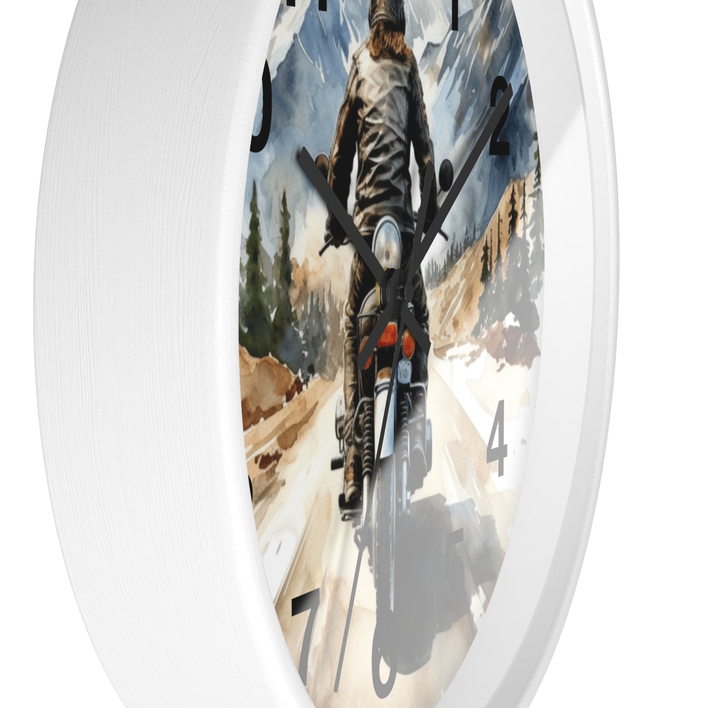 Biker Riding Open Road Wall Clock | Mountain Range Scenic View Motorcycle Art Unique Biker Decor Adventure Gift for Bikers Battery Operated