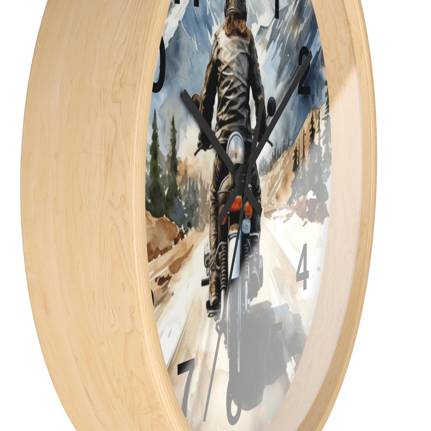 Biker Riding Open Road Wall Clock | Mountain Range Scenic View Motorcycle Art Unique Biker Decor Adventure Gift for Bikers Battery Operated