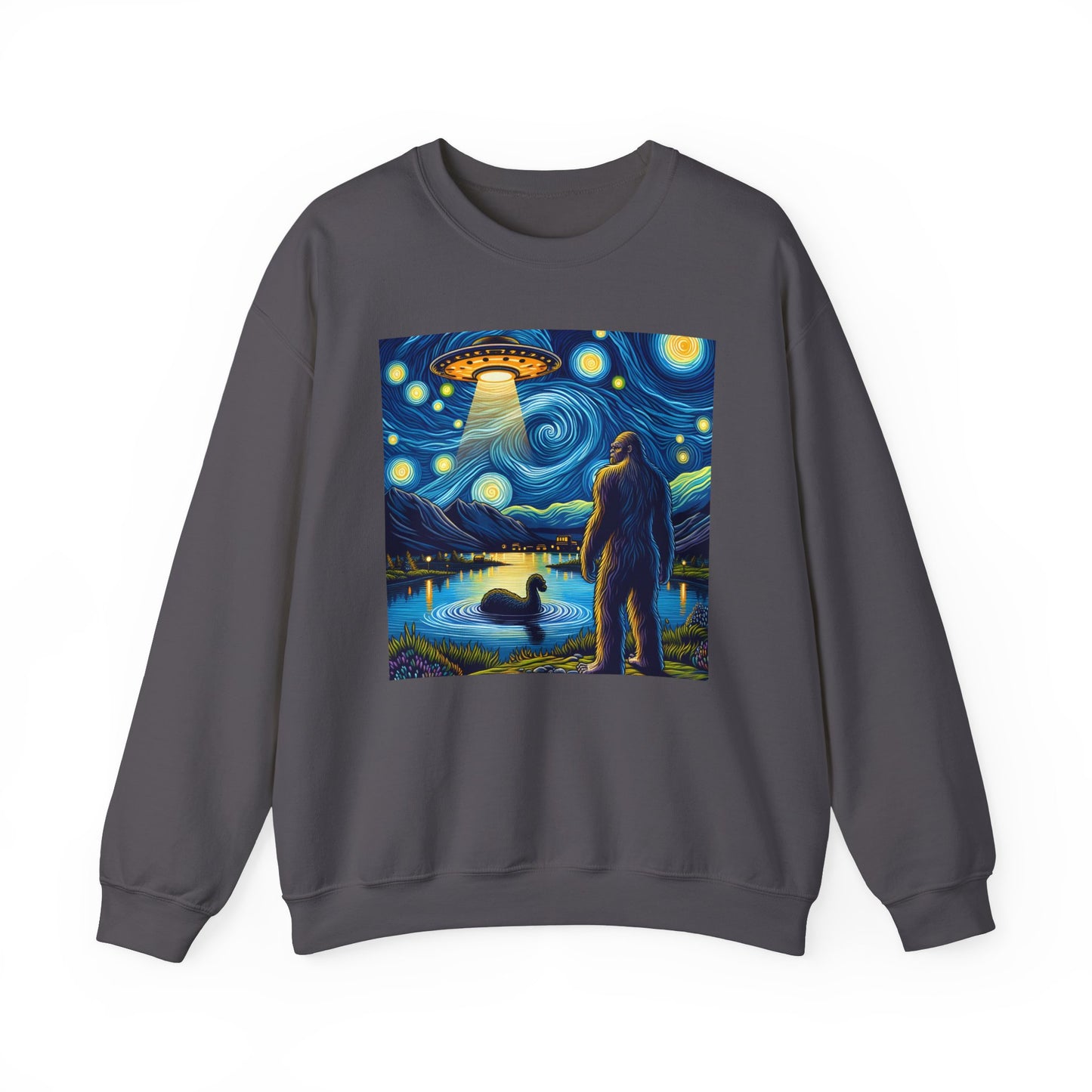 Bigfoot Alien Spaceship Crewneck Sweater | Sasquatch Meets Extraterrestrial Art | Fun UFO Humor Sweatshirt | Bigfoot Alien Lovers Gift