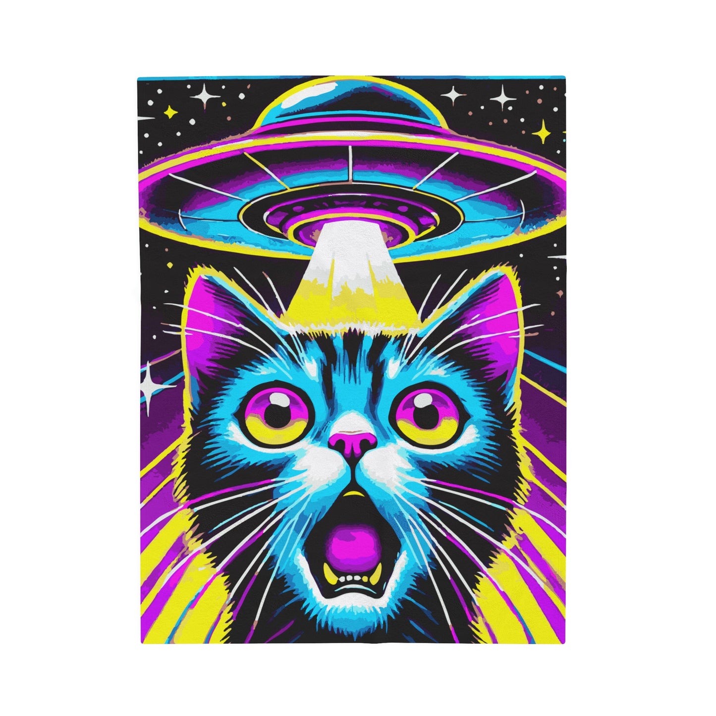Colorful Cat Abduction Velveteen Plush Throw Blanket | Cool Cat Picked Up by Spaceship | Trippy Alien Decor Cat Lovers Cozy Fun Blanket Gift