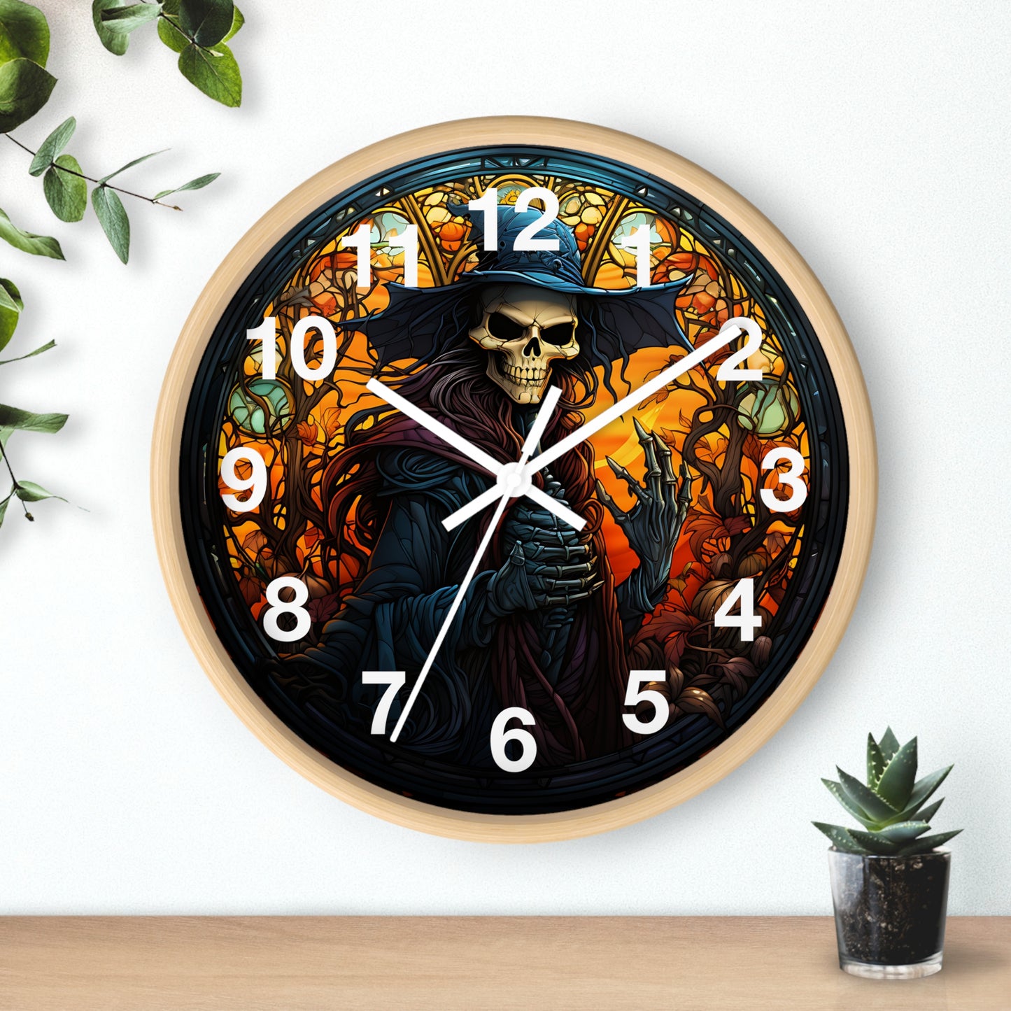 Scary Stained Glass Skeleton Witch Wall Clock | Witch Halloween Decor | Battery Operated | Unique Spooky Accent | Perfect Gothic Gift