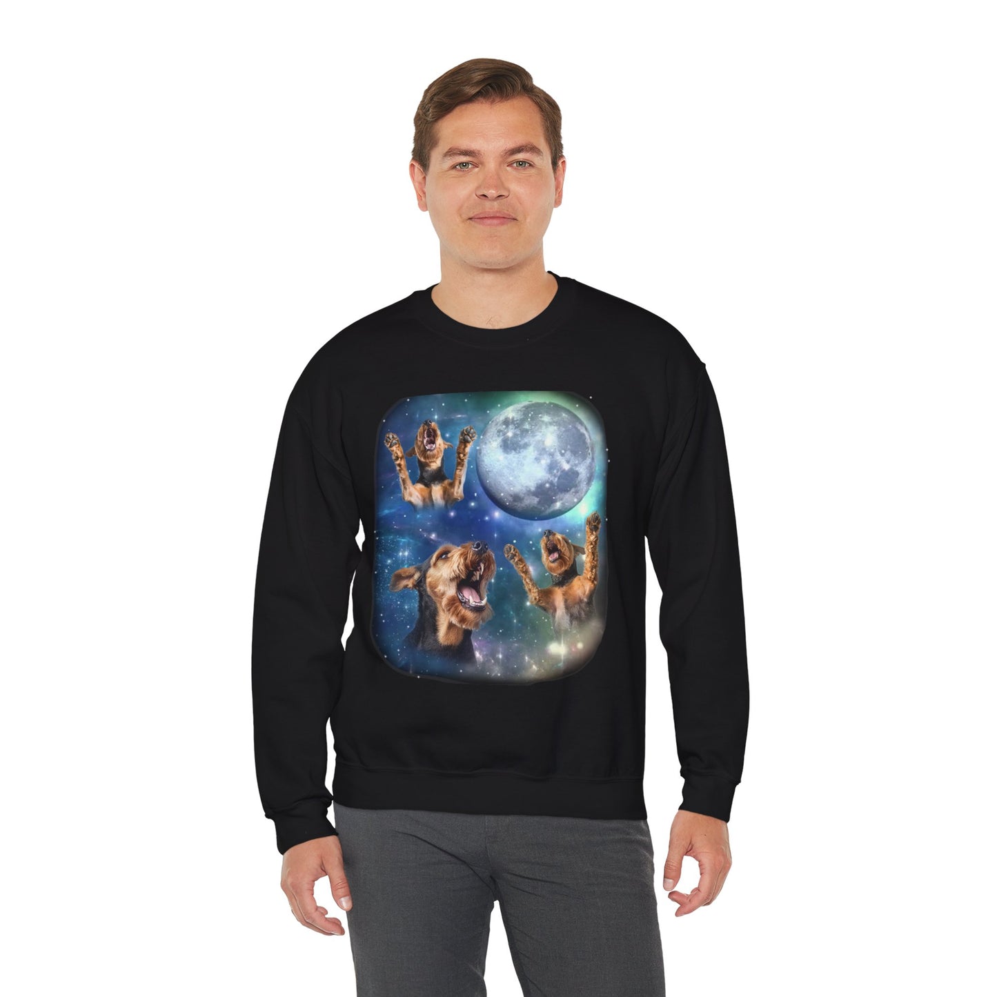 Airedale Terrier Howling at Moon Sweater | Vintage Dog Lover Pullover | Funny Airedale Apparel Sweatshirt Funny Dog Sweater Airedale Gift