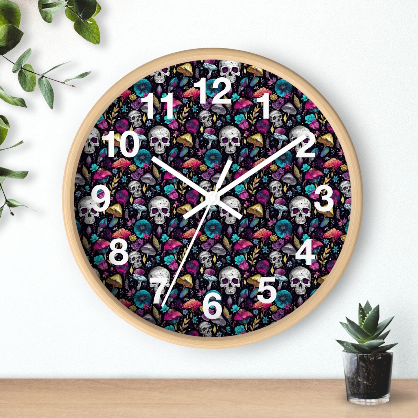 Mushroom Skulls Wall Clock | Cute and Eerie Shroom Decor | Trippy Room Background | Battery Operated | Unique Gift for Gothic Lovers