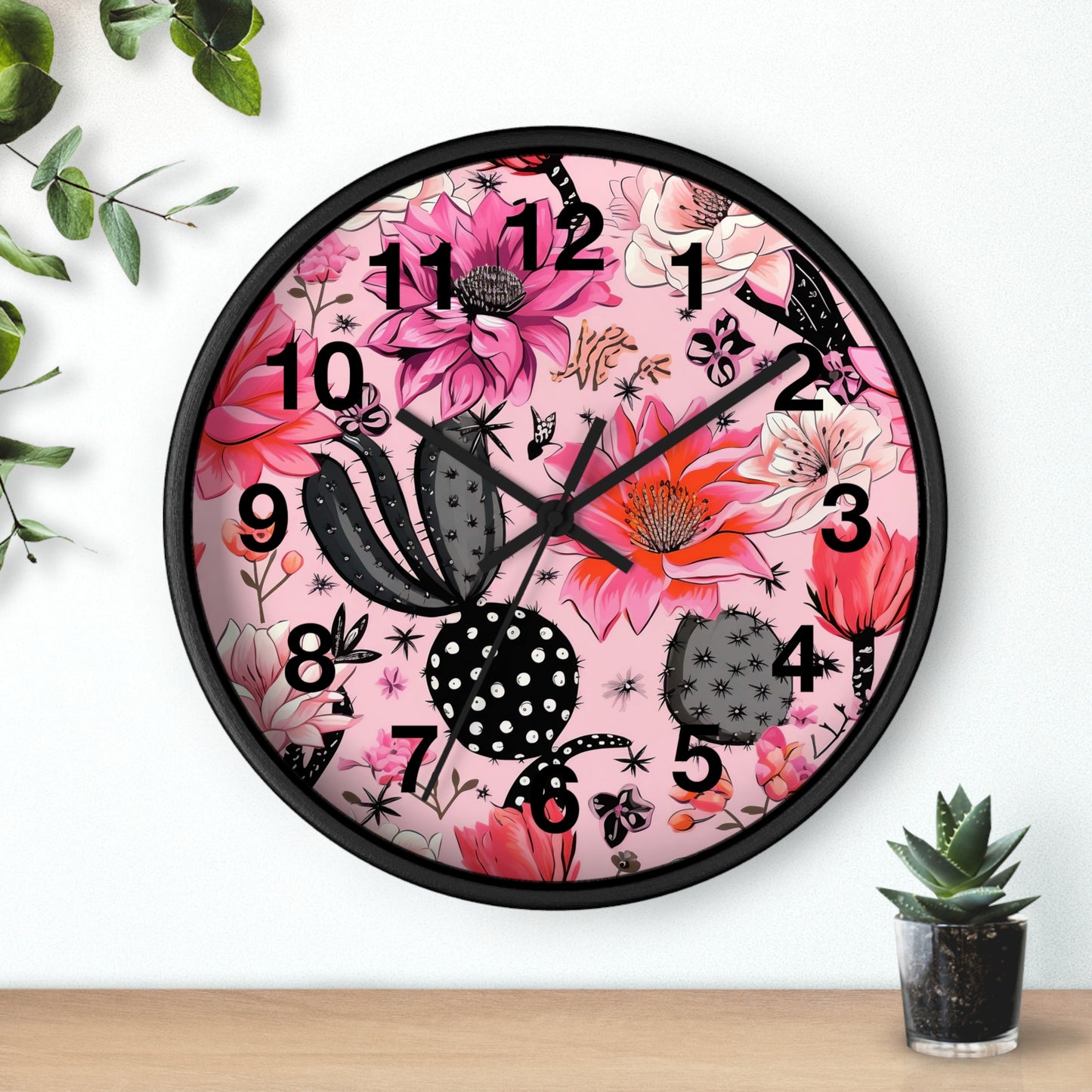 Charming Desert Cactus with Pink Blossoms Wall Clock | Battery Operated | Watercolor Boho Decor Perfect Gift Cactus Lovers Plant Enthusiasts