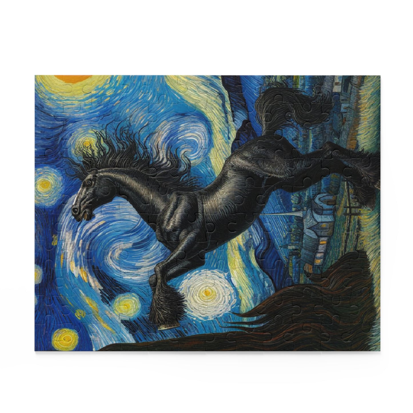 Majestic Black Horse Night Sky Jigsaw Puzzle 120-500 Pieces | Elegant Starry Night-Inspired Art for Equestrian Lovers Horse Gift