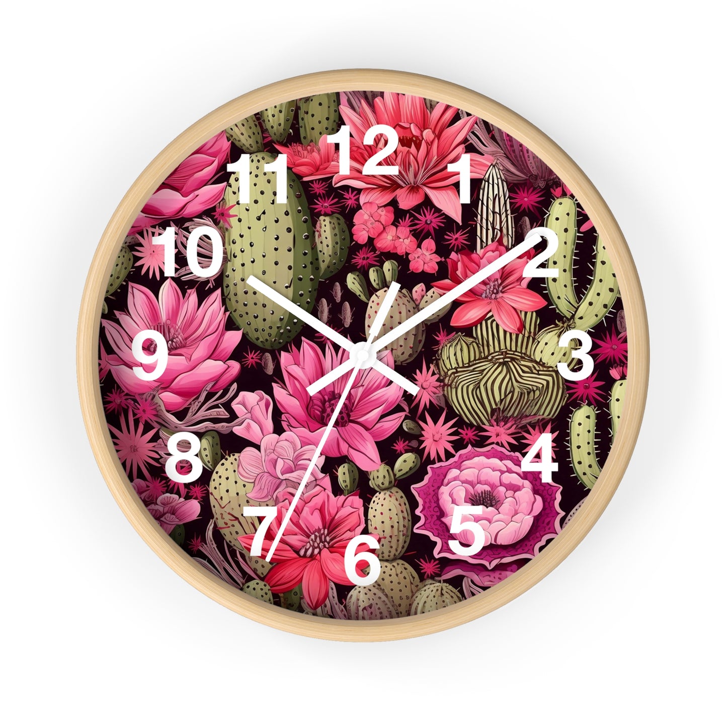 Beautiful Desert Cactus with Pink Flowers Wall Clock | Battery Operated | Watercolor Boho Style Decor | Perfect Gift Cactus Lovers Aesthetic