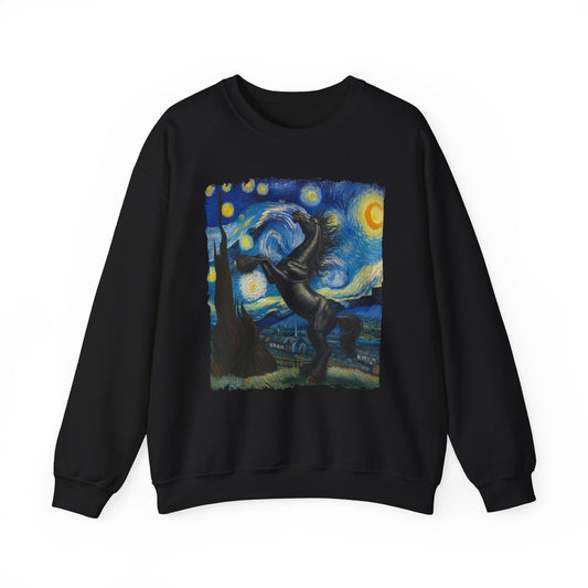Majestic Black Horse Night Sky Crewneck Sweater | Starry Night-Inspired Equine Art | Perfect Gift Horse Lover Sweatshirt Horse Humor Apparel