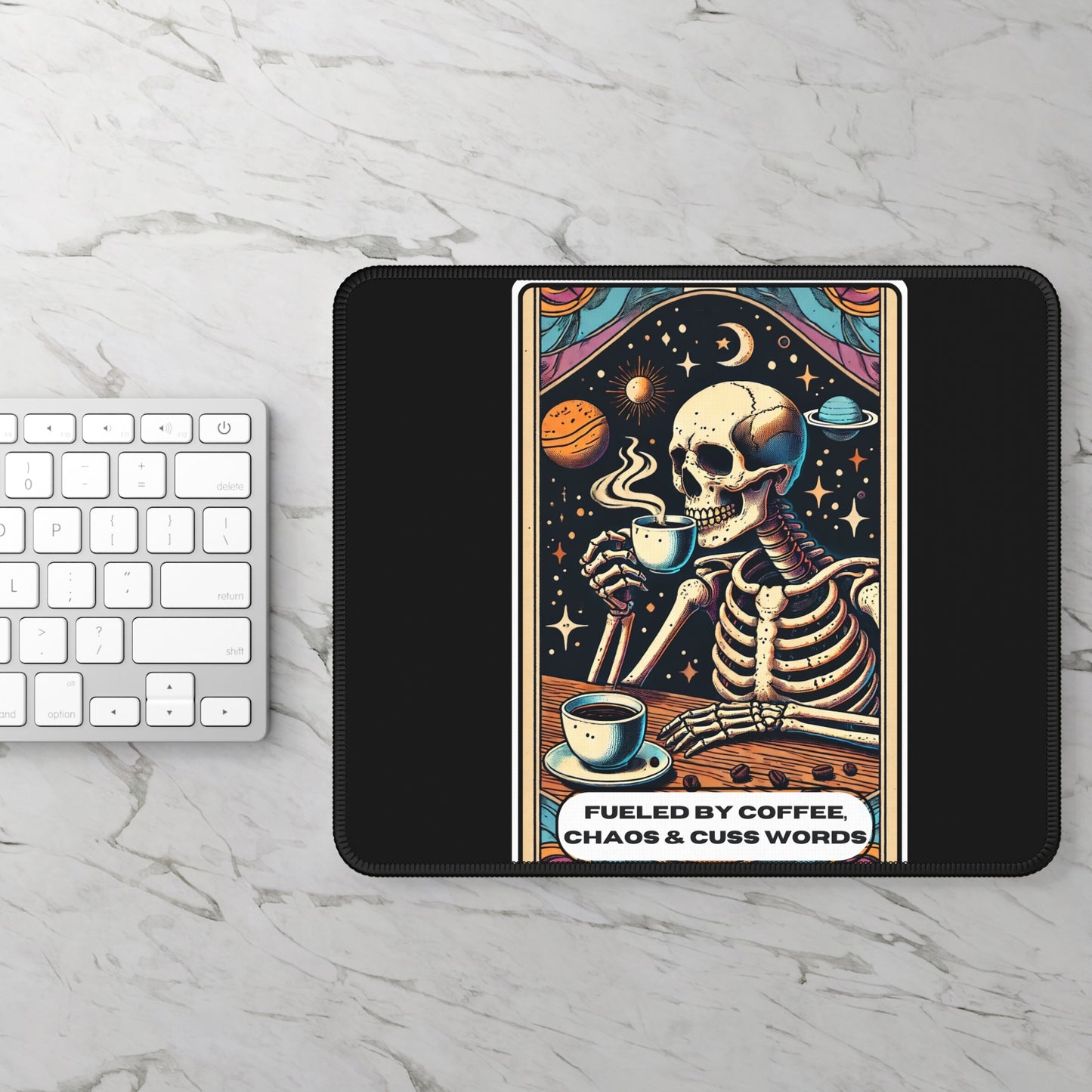 Fueled by Coffee, Chaos, and Cuss Words Tarot Card Mouse Pad | Skeleton Coffee Art | Funny Non Slip Desk Mat for Coffee Lovers