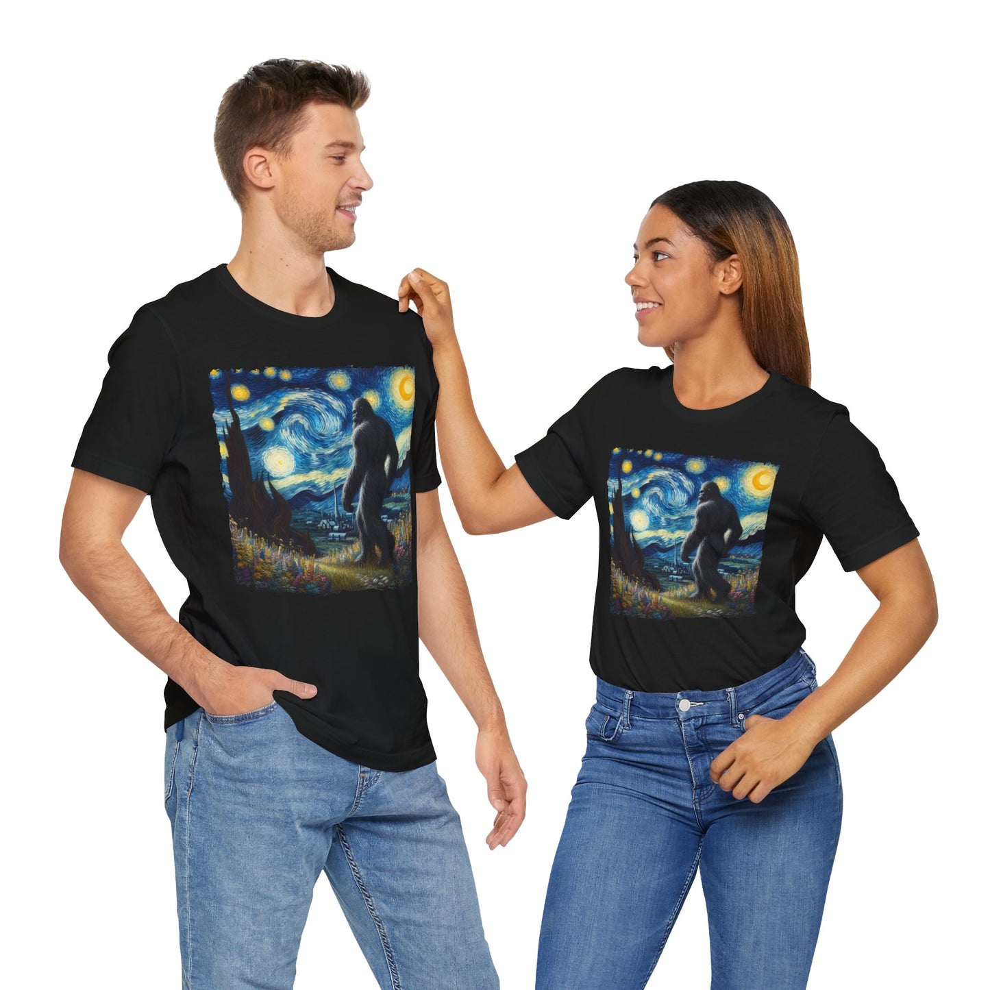 Bigfoot Night Sky Shirt | Starry Night Inspired Art | Humorous Sasquatch Tee | Fun Mythical Animal Gift | Quirky Bigfoot Lover Shirt