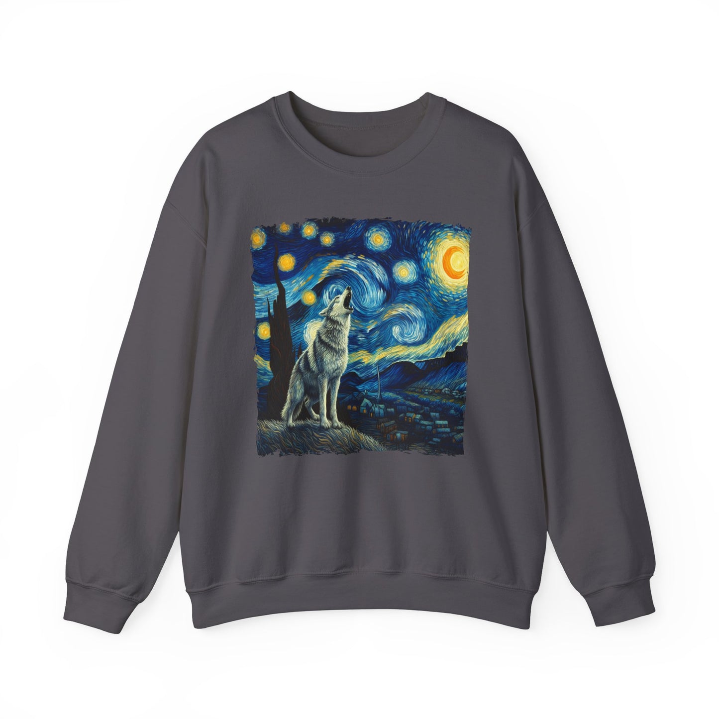 Lone Wolf Night Sky Crewneck Sweater | Mystical Wolf Pullover with Starry Night-Inspired Art Nature Wilderness Lover Gift Cool Wolf Sweater