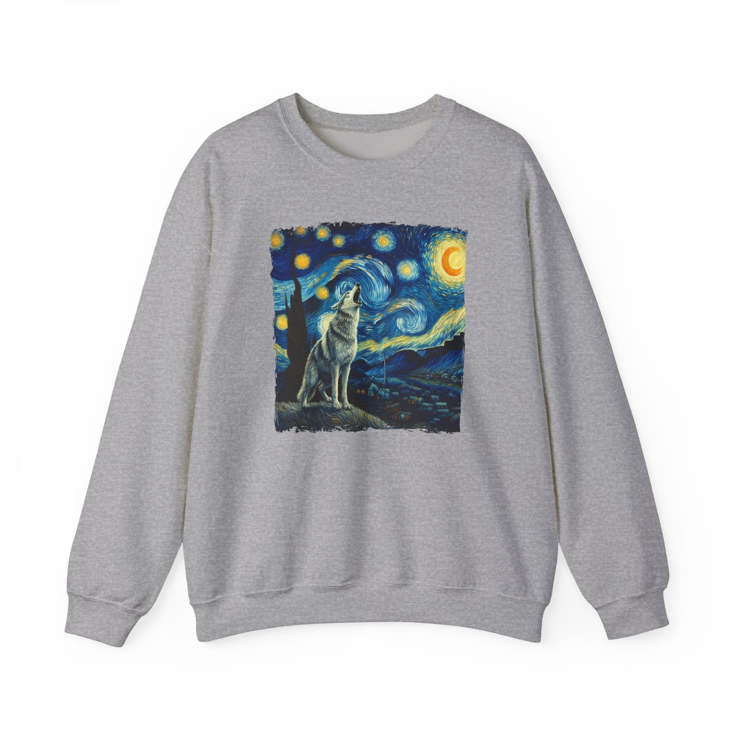 Lone Wolf Night Sky Crewneck Sweater | Mystical Wolf Pullover with Starry Night-Inspired Art Nature Wilderness Lover Gift Cool Wolf Sweater