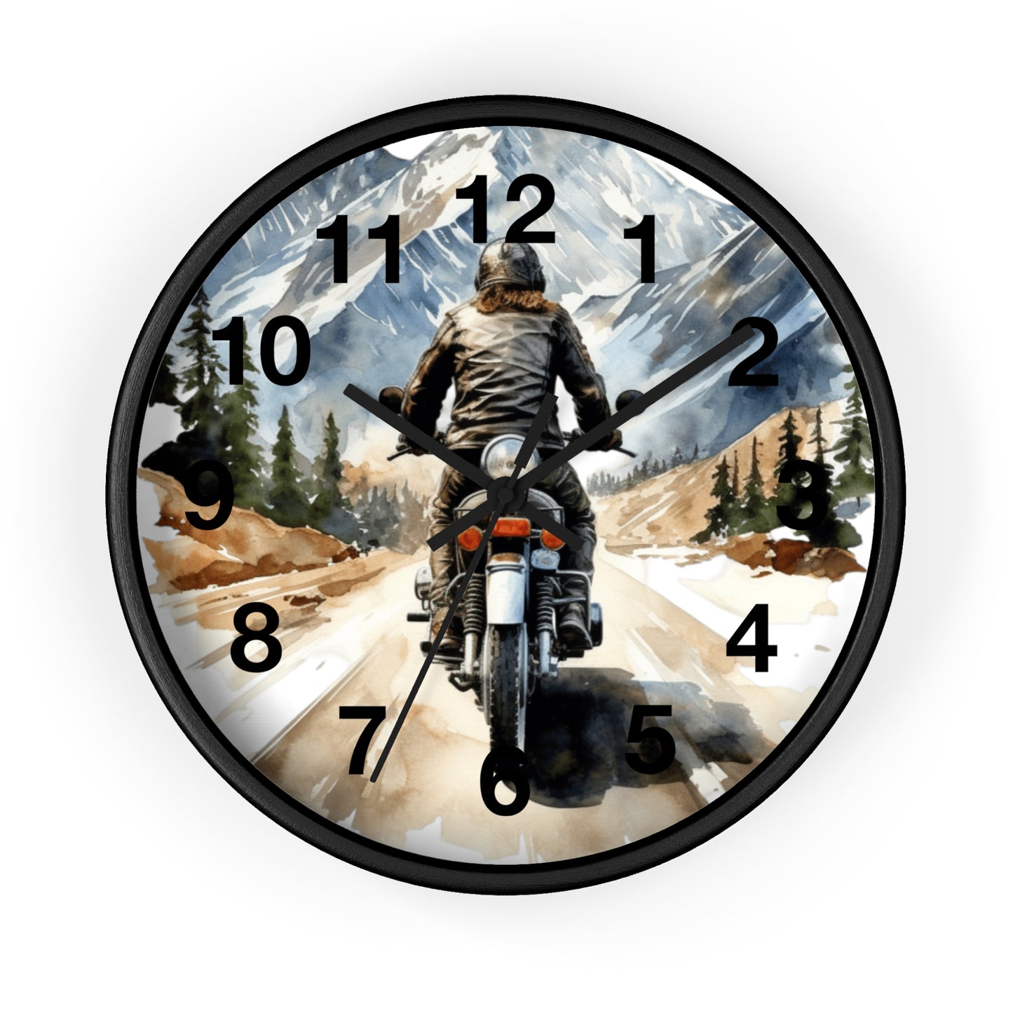 Biker Riding Open Road Wall Clock | Mountain Range Scenic View Motorcycle Art Unique Biker Decor Adventure Gift for Bikers Battery Operated