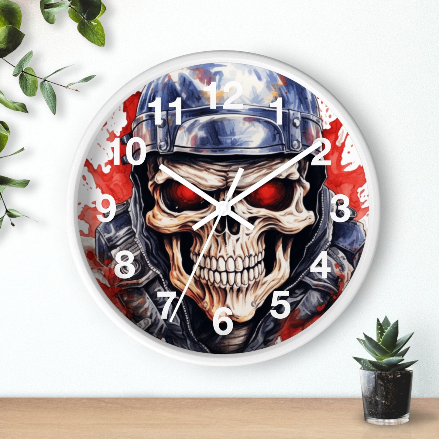 Red Eye Skull Motorcycle Rider Wall Clock | Splash Watercolor Biker Art | Battery Operated Unique Gift for Motorcycle Enthusiasts Biker Gift
