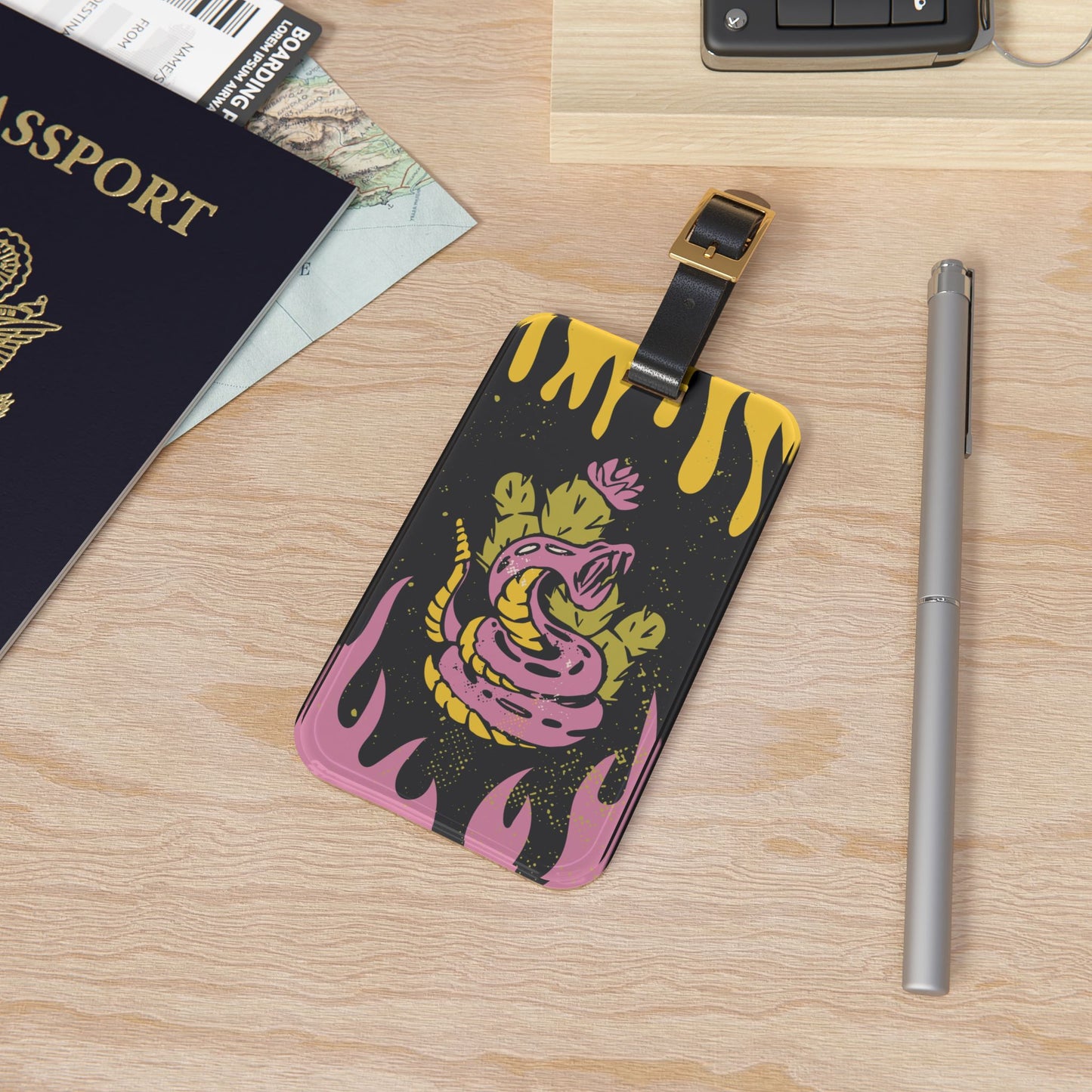 Snake in Flames Luggage Tag | Tattoo Art Style | Bold and Edgy Design | Unique Travel Accessory for Tattoo Lovers Cool Traveling Tattoo Art