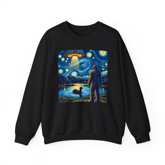 Bigfoot Alien Spaceship Crewneck Sweater | Sasquatch Meets Extraterrestrial Art | Fun UFO Humor Sweatshirt | Bigfoot Alien Lovers Gift