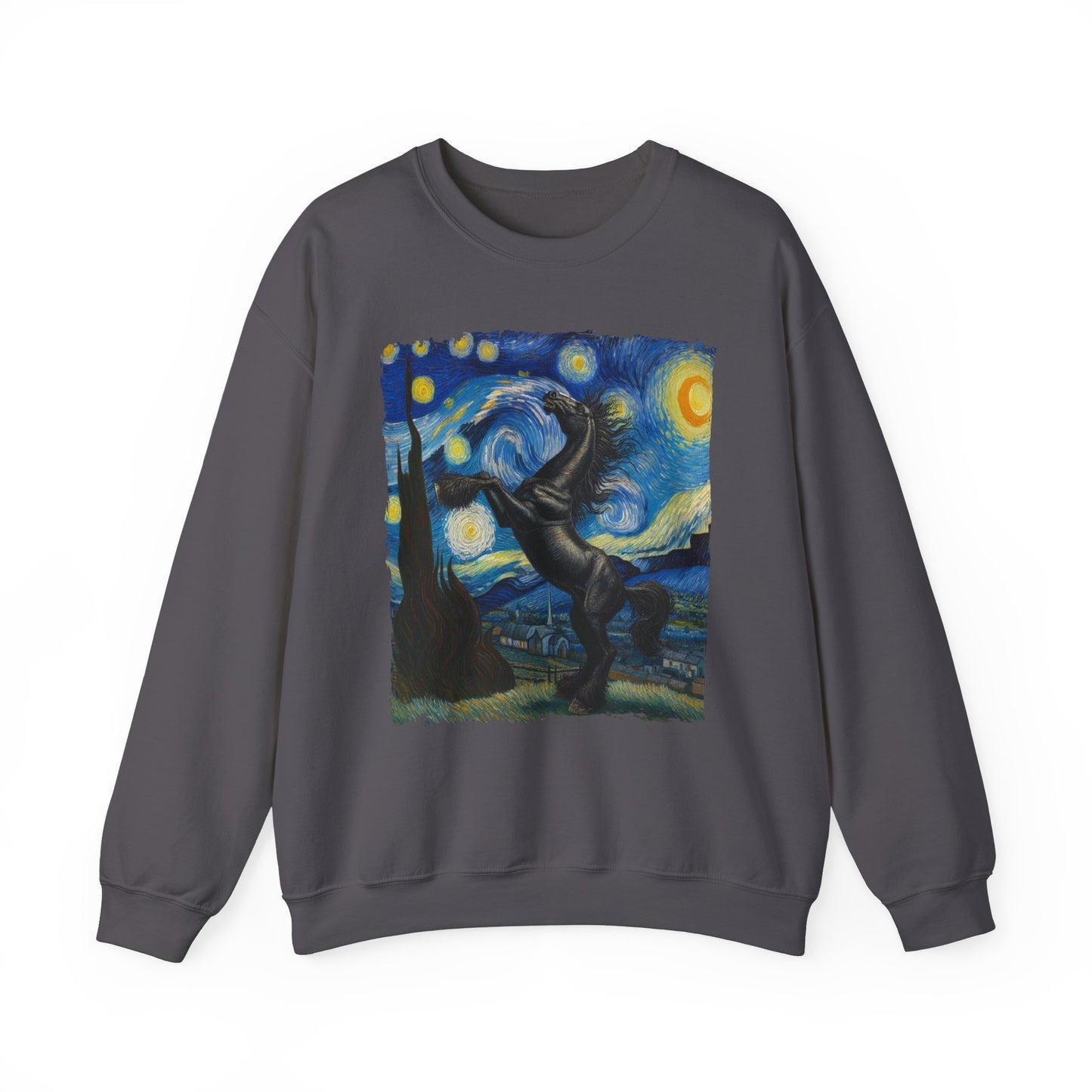 Majestic Black Horse Night Sky Crewneck Sweater | Starry Night-Inspired Equine Art | Perfect Gift Horse Lover Sweatshirt Horse Humor Apparel