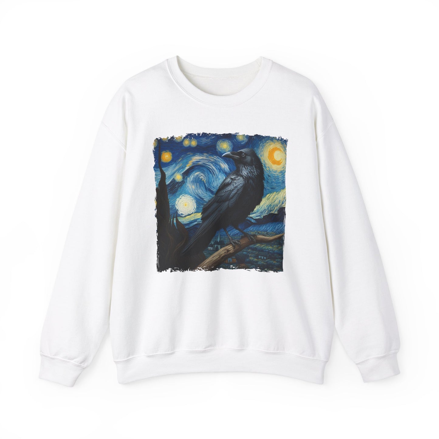 Black Raven Night Sky Crewneck Sweater | Starry Night-Inspired Art Pullover | Mystical Gothic Bird Lover Sweatshirt Witchcraft Enthusiasts