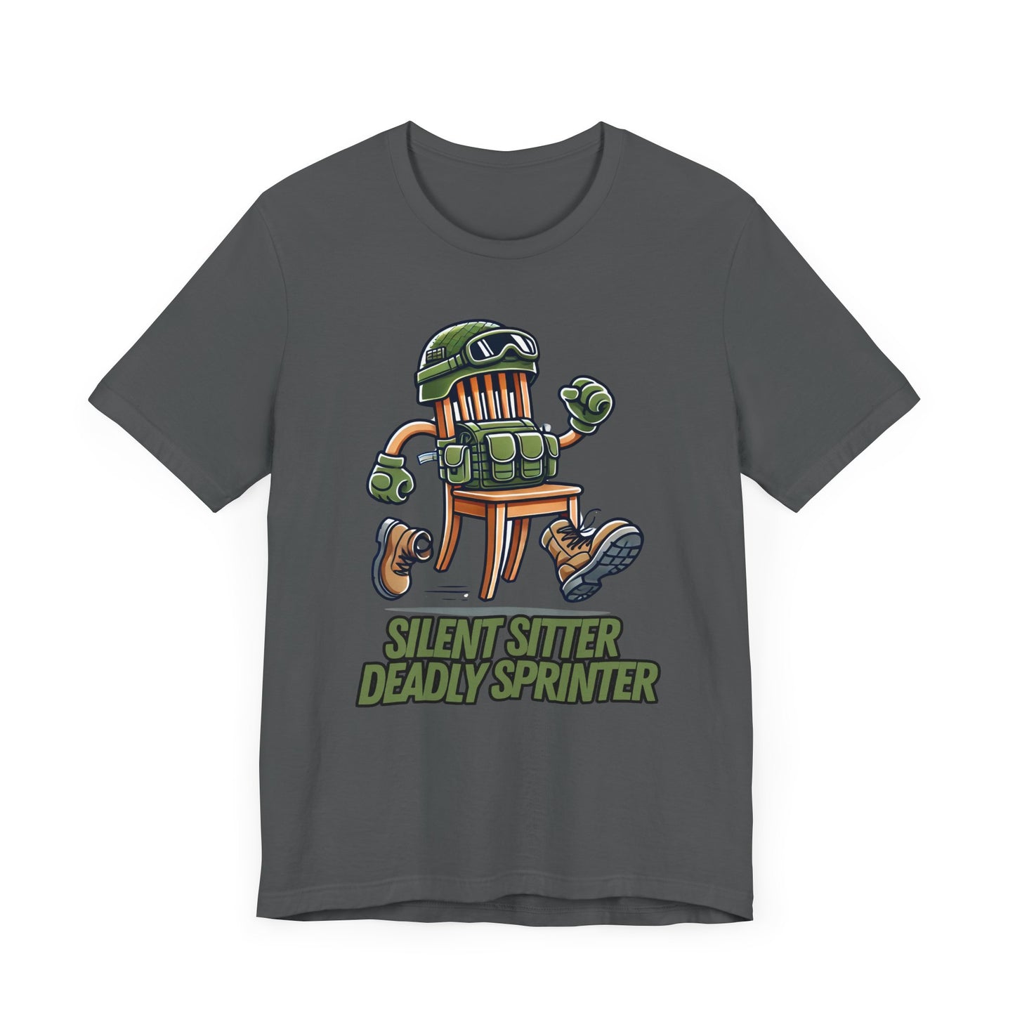 Silent Sitter, Deadly Sprinter | Tactical Chair Cartoon Art | Funny Prop Hunt Design | Unique Gamer Gift | Bold Military Chair Illustration