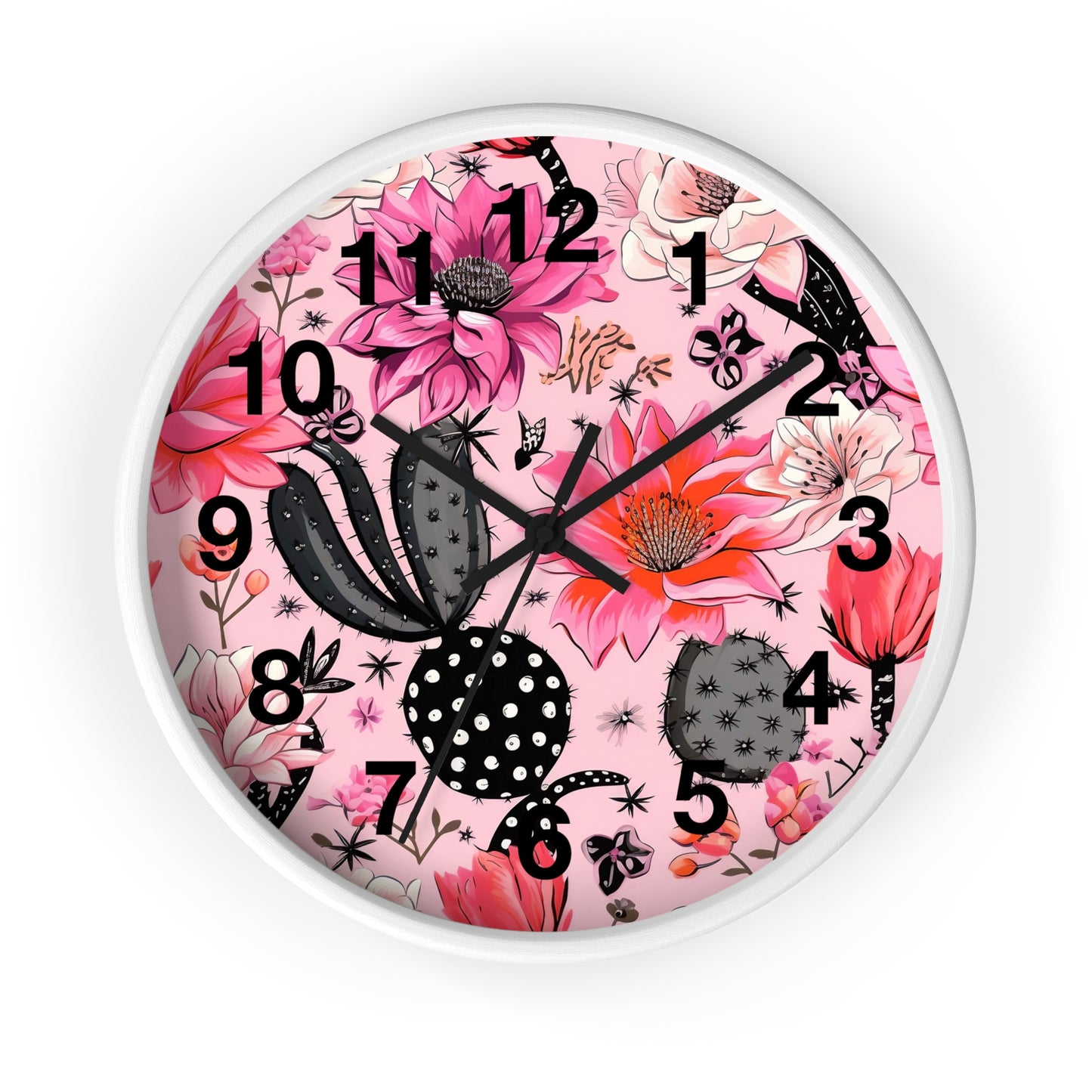 Charming Desert Cactus with Pink Blossoms Wall Clock | Battery Operated | Watercolor Boho Decor Perfect Gift Cactus Lovers Plant Enthusiasts