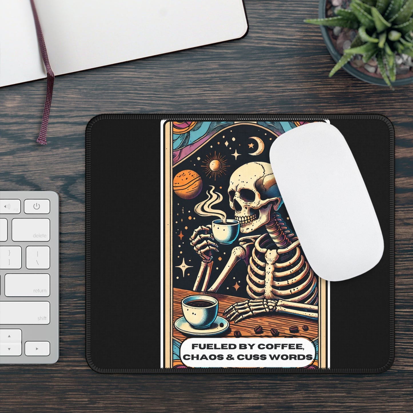 Fueled by Coffee, Chaos, and Cuss Words Tarot Card Mouse Pad | Skeleton Coffee Art | Funny Non Slip Desk Mat for Coffee Lovers