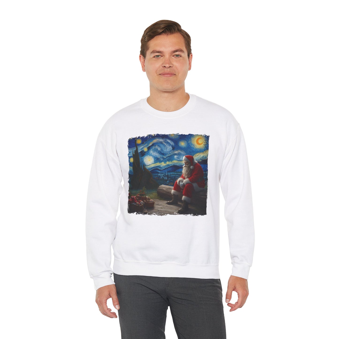 Santa Claus Night Sky Crewneck Sweater | Starry Night-Inspired Holiday Art Pullover Festive Santa Lover Magical Christmas Season Sweatshirt