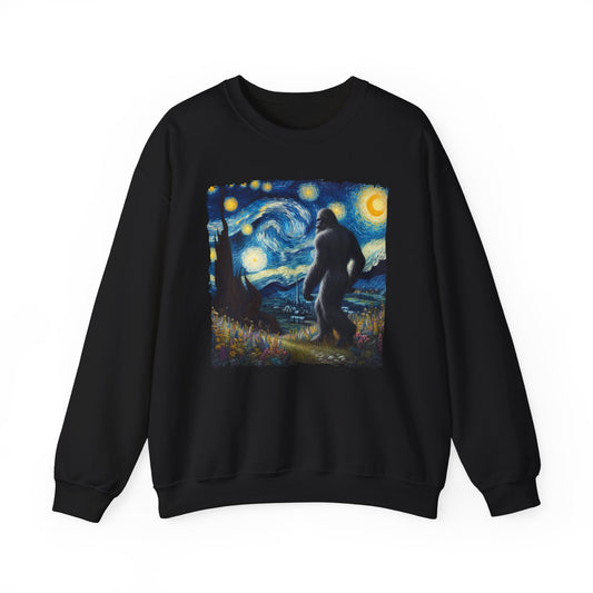 Bigfoot Night Sky Crewneck Sweater | Starry Night Inspired Art | Humorous Sasquatch Sweatshirt | Fun Gift for Quirky Bigfoot Lovers