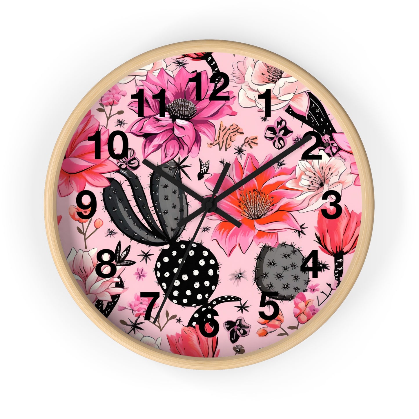 Charming Desert Cactus with Pink Blossoms Wall Clock | Battery Operated | Watercolor Boho Decor Perfect Gift Cactus Lovers Plant Enthusiasts
