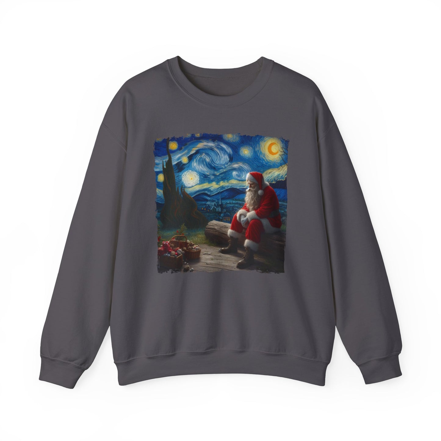 Santa Claus Night Sky Crewneck Sweater | Starry Night-Inspired Holiday Art Pullover Festive Santa Lover Magical Christmas Season Sweatshirt
