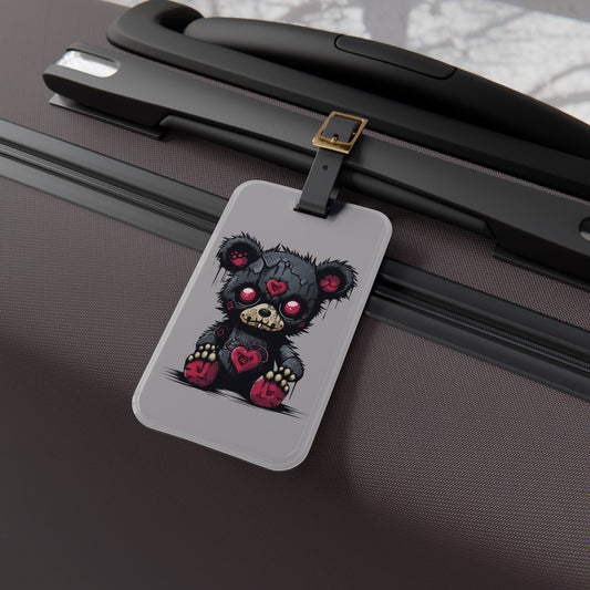 Emo Black Heart of Death Bear Luggage Tag | Edgy Streetwear Travel Accessory | Alternative Fashion Baggage ID | Goth Bear for Elder Emos