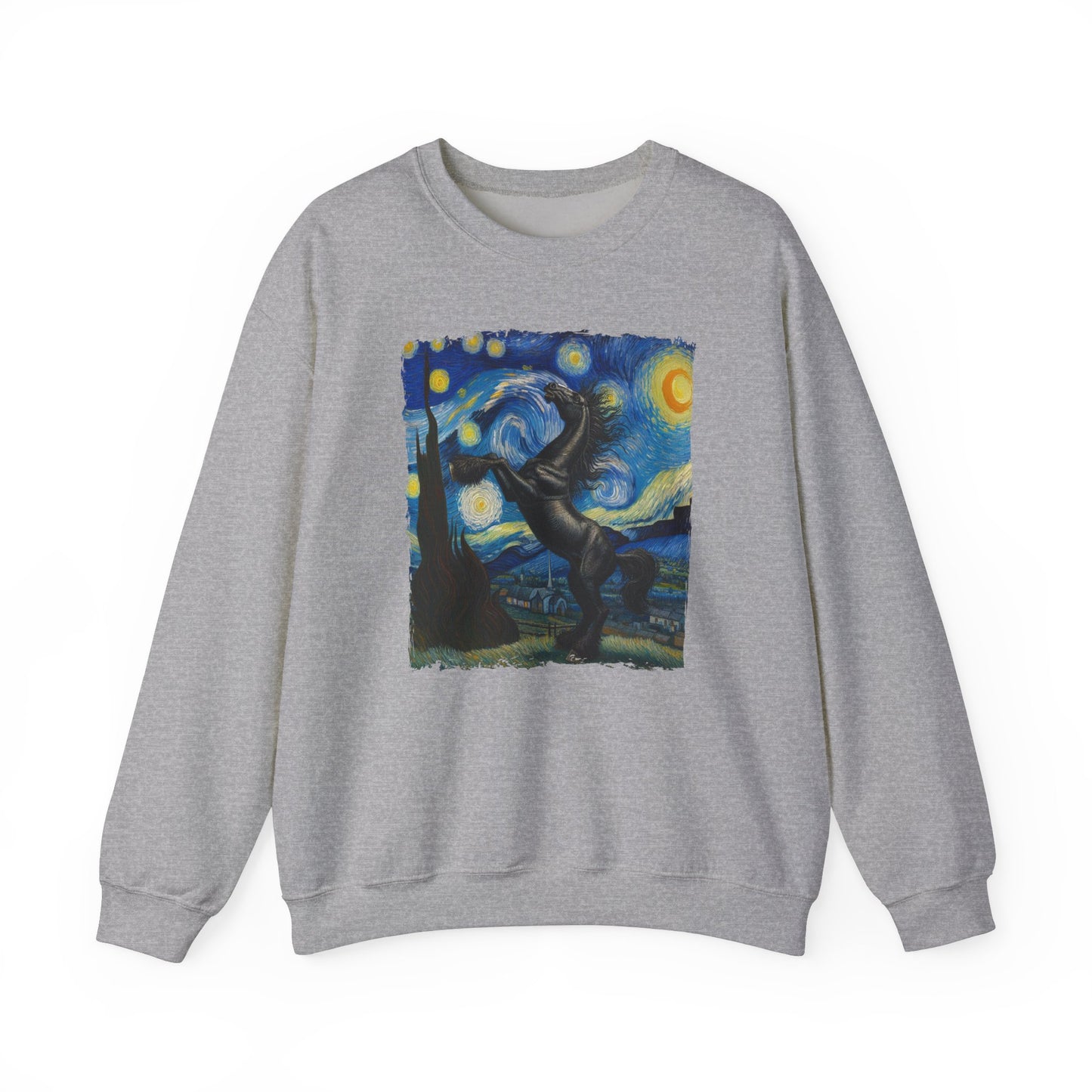 Majestic Black Horse Night Sky Crewneck Sweater | Starry Night-Inspired Equine Art | Perfect Gift Horse Lover Sweatshirt Horse Humor Apparel