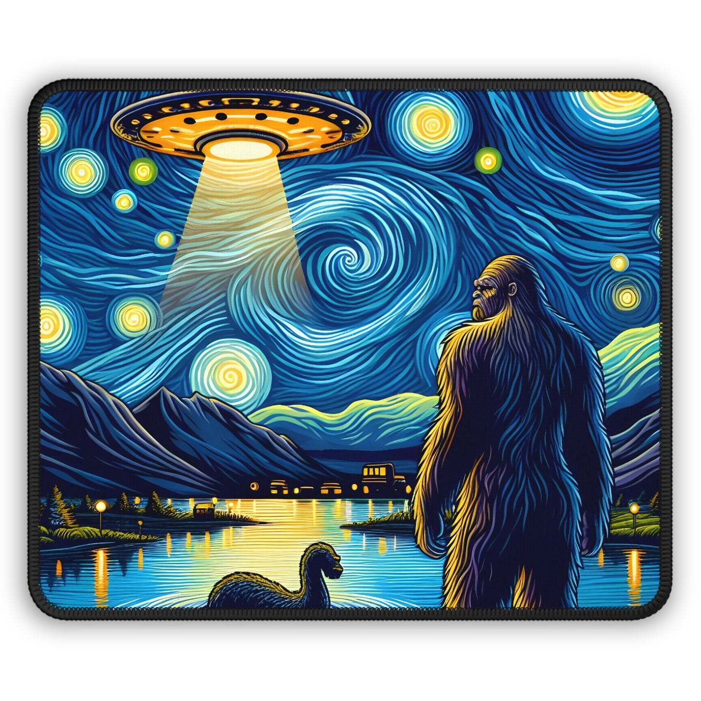 Bigfoot Alien Spaceship Night Sky Non-Slip Mouse Pad | Sasquatch Meets Extraterrestrial Art | Fun UFO Humor Desk Mat for Bigfoot Fans