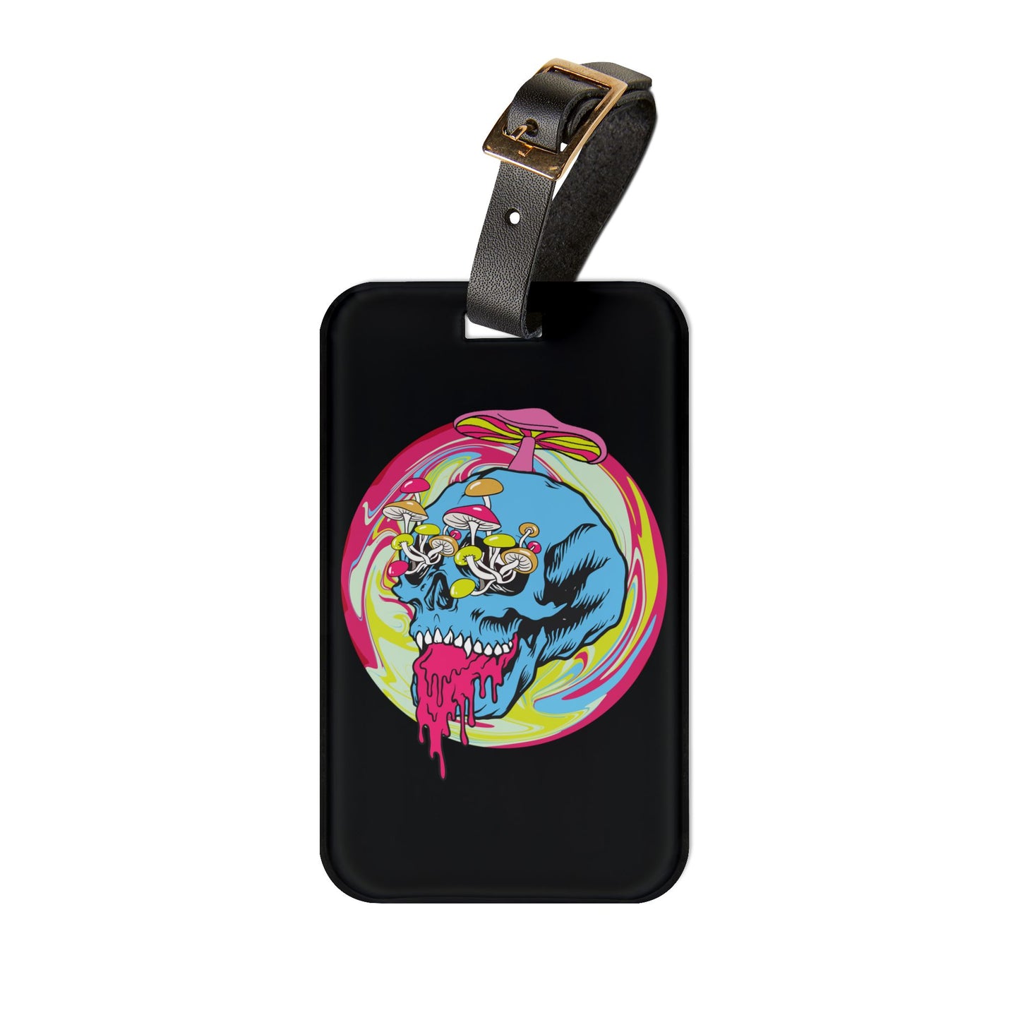 Trippy Skull Mushroom Luggage Tag | Psychedelic Streetwear Baggage ID | Vibrant Shroom Art Travel Accessory Festival Rave Lovers Urban Style