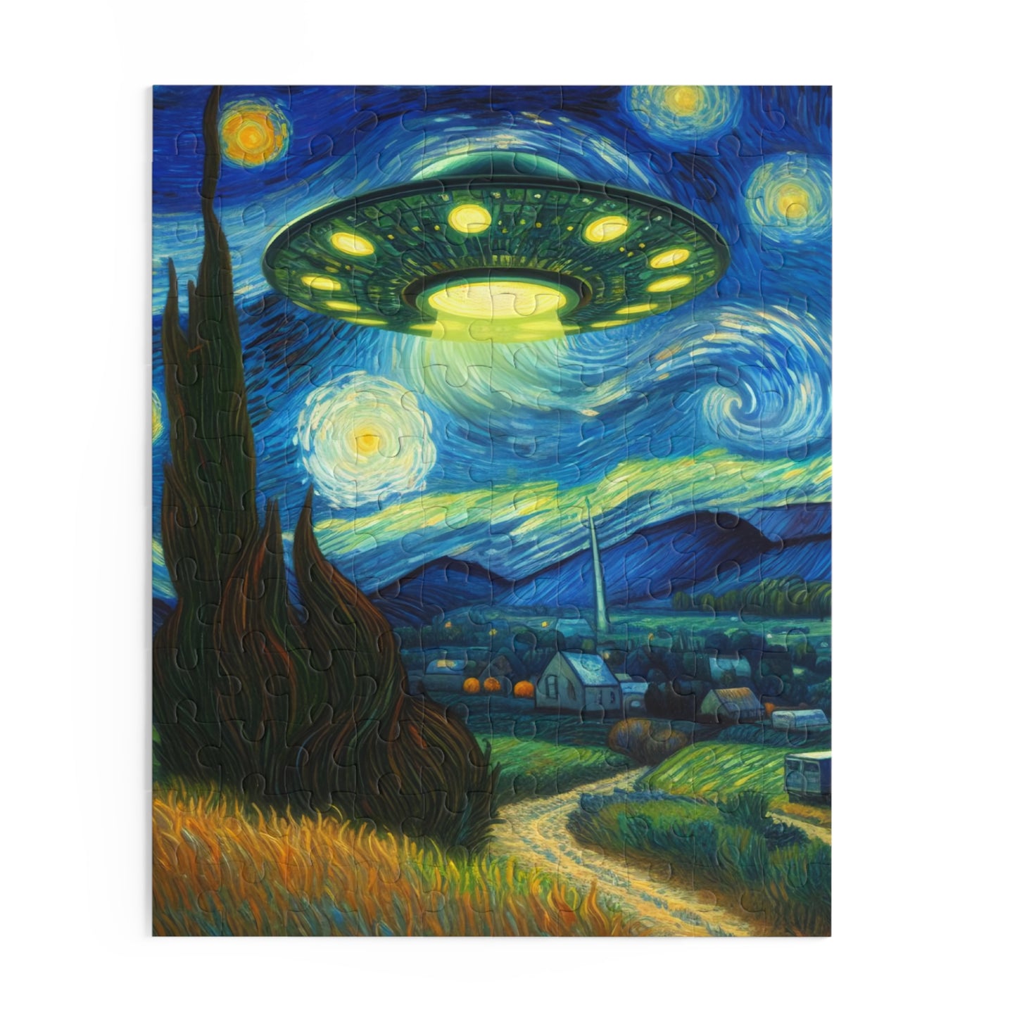 Alien UFO Night Sky Jigsaw Puzzle 120-500 Pieces | Starry Night-Inspired Outer Space Art & Cosmic Sci-Fi Design Perfect for UFO Believers