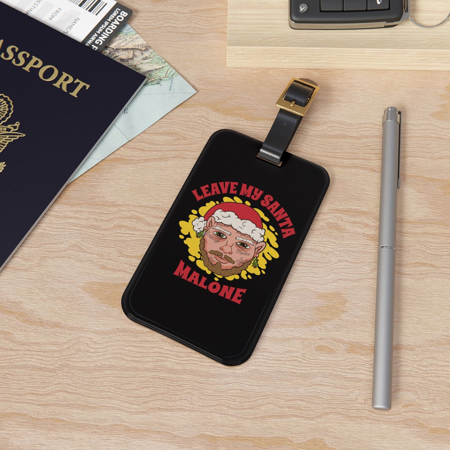 Leave My Santa Malone Luggage Tag | Funny Christmas Parody Baggage ID | Hilarious Holiday Humor Travel Accessory Festive Pun Lovers Gift
