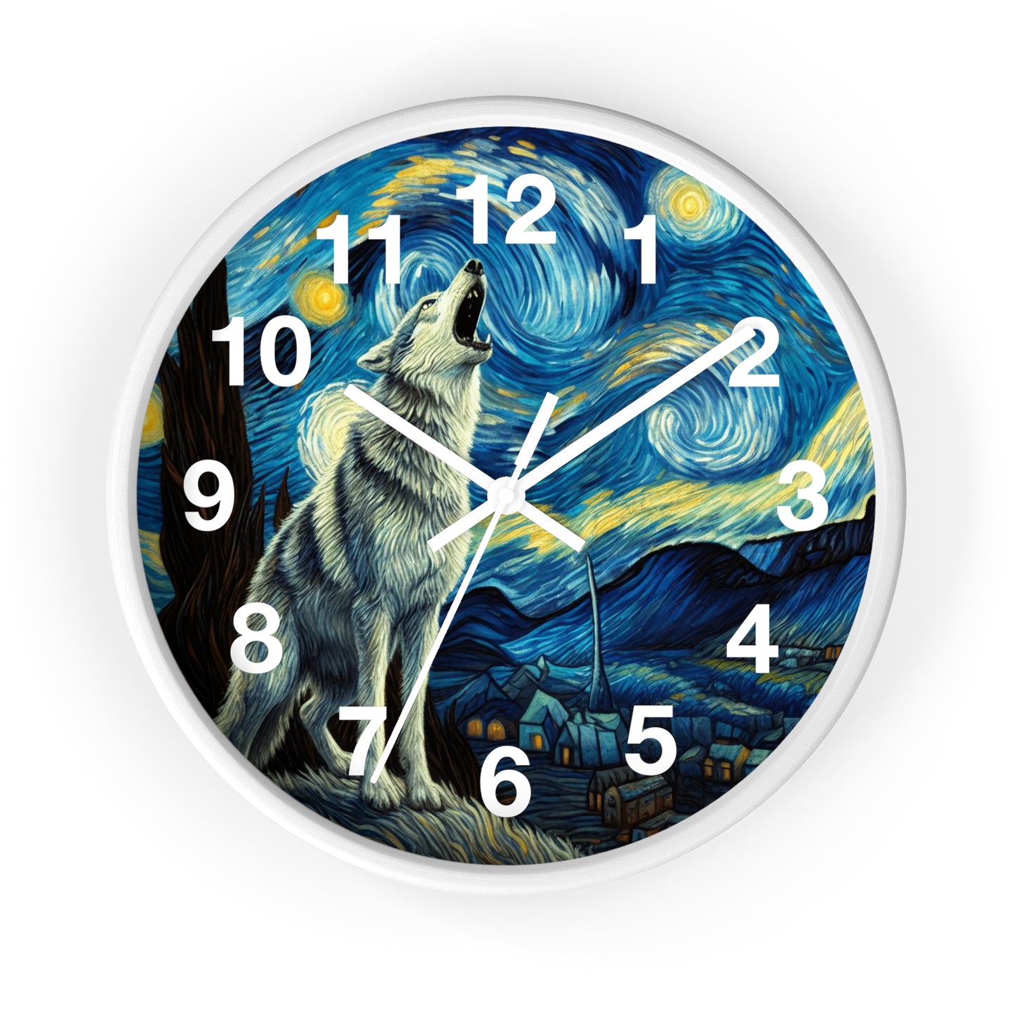 Lone Wolf Night Sky Wall Clock | Battery Operated | Starry Night-Inspired Art | Perfect Gift for Wolf and Nature Lovers Wall Decor Wolf Gift