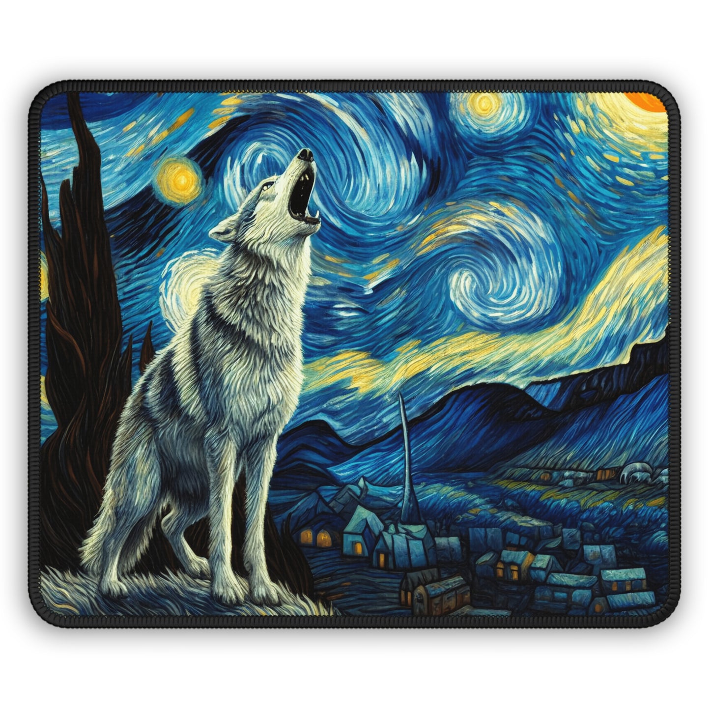 Lone Wolf Night Sky Non-Slip Mouse Pad | Starry Night-Inspired Art | Mystical Wolf Lover Desk Mat for Nature & Wilderness Enthusiasts