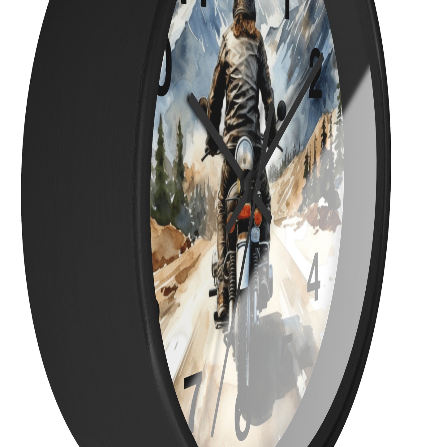 Biker Riding Open Road Wall Clock | Mountain Range Scenic View Motorcycle Art Unique Biker Decor Adventure Gift for Bikers Battery Operated