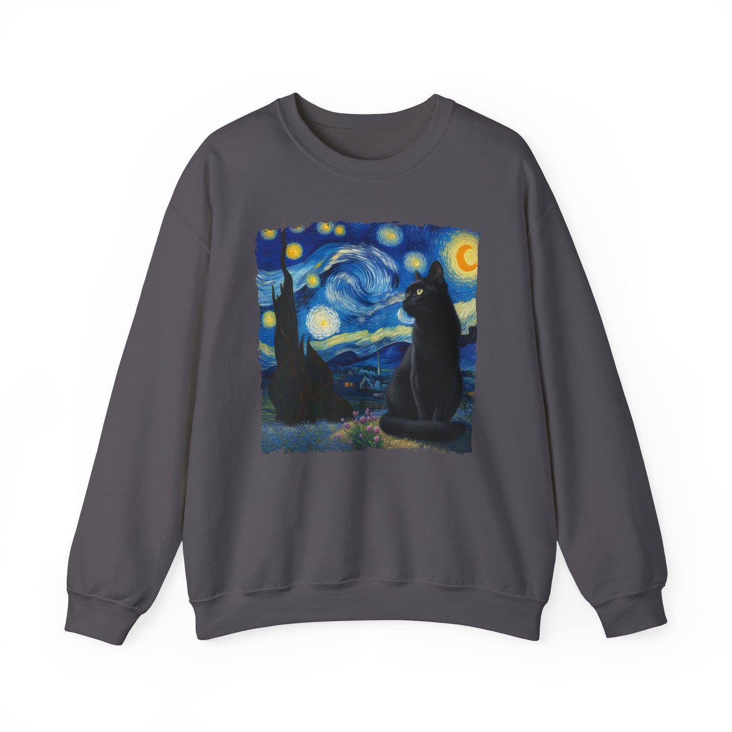 Black Cat Night Sky Crewneck Sweater | Starry Night-Inspired Feline Art | Cat Lovers Sweatshirt | Humorous Cat Parody Apparel Cat Gift