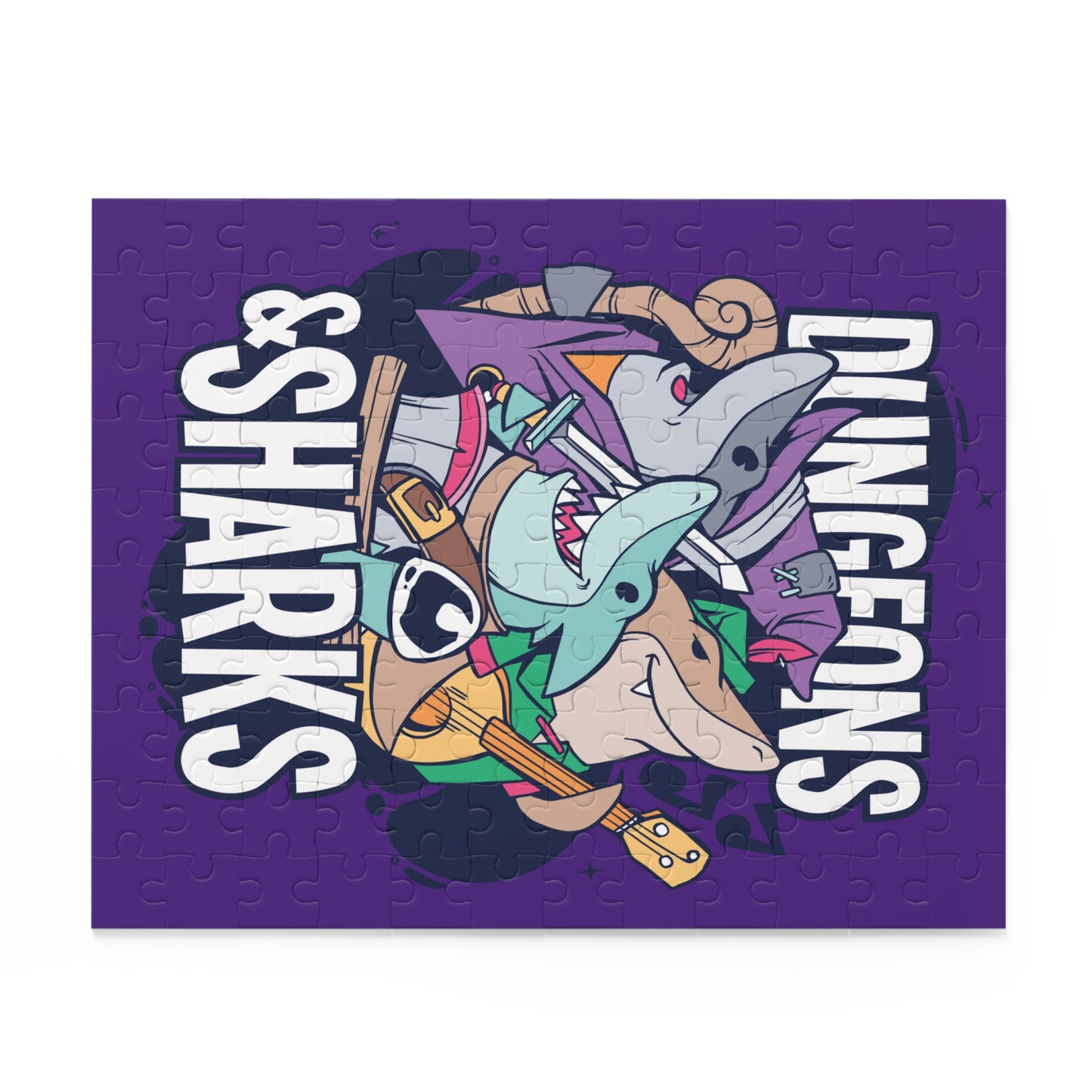 Dungeons and Sharks Jigsaw Puzzle Funny D&D Parody 120-500 Pieces for Nerdy Fantasy Game Fans and Shark Lovers RPG Style Puzzle