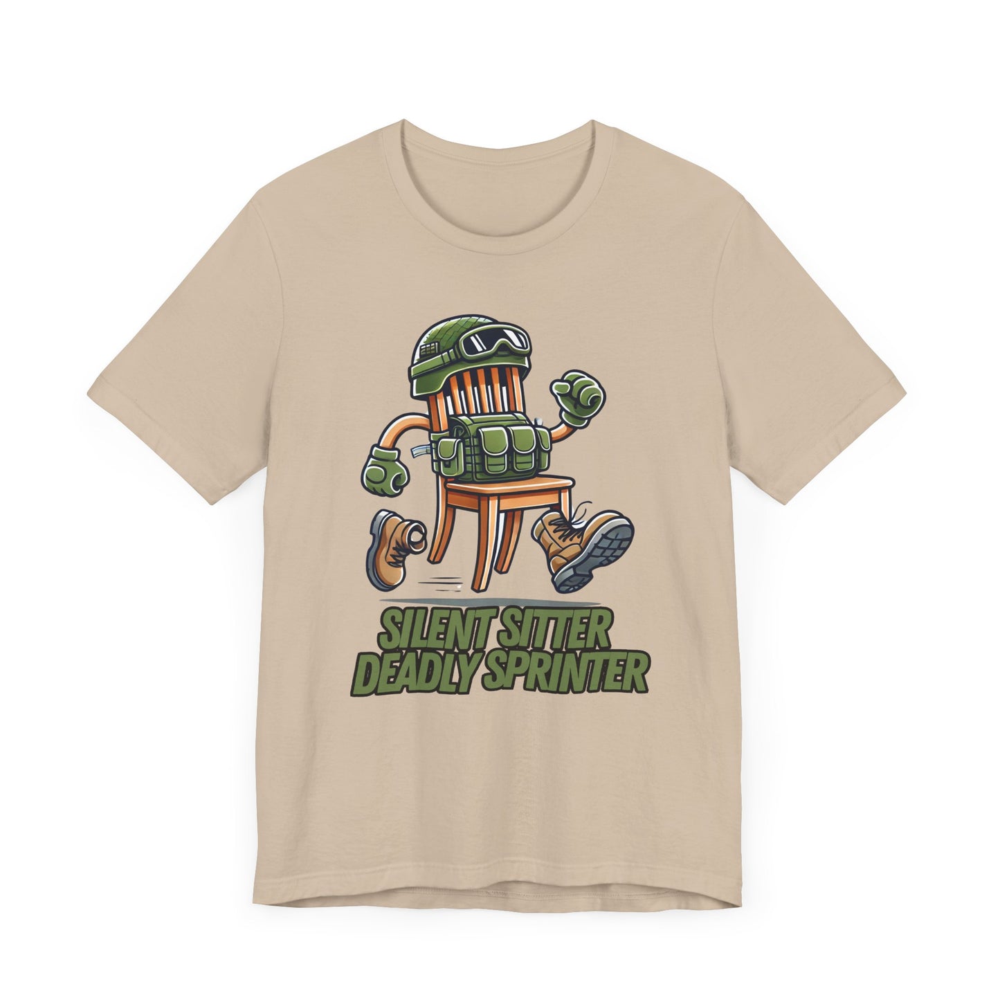 Silent Sitter, Deadly Sprinter | Tactical Chair Cartoon Art | Funny Prop Hunt Design | Unique Gamer Gift | Bold Military Chair Illustration
