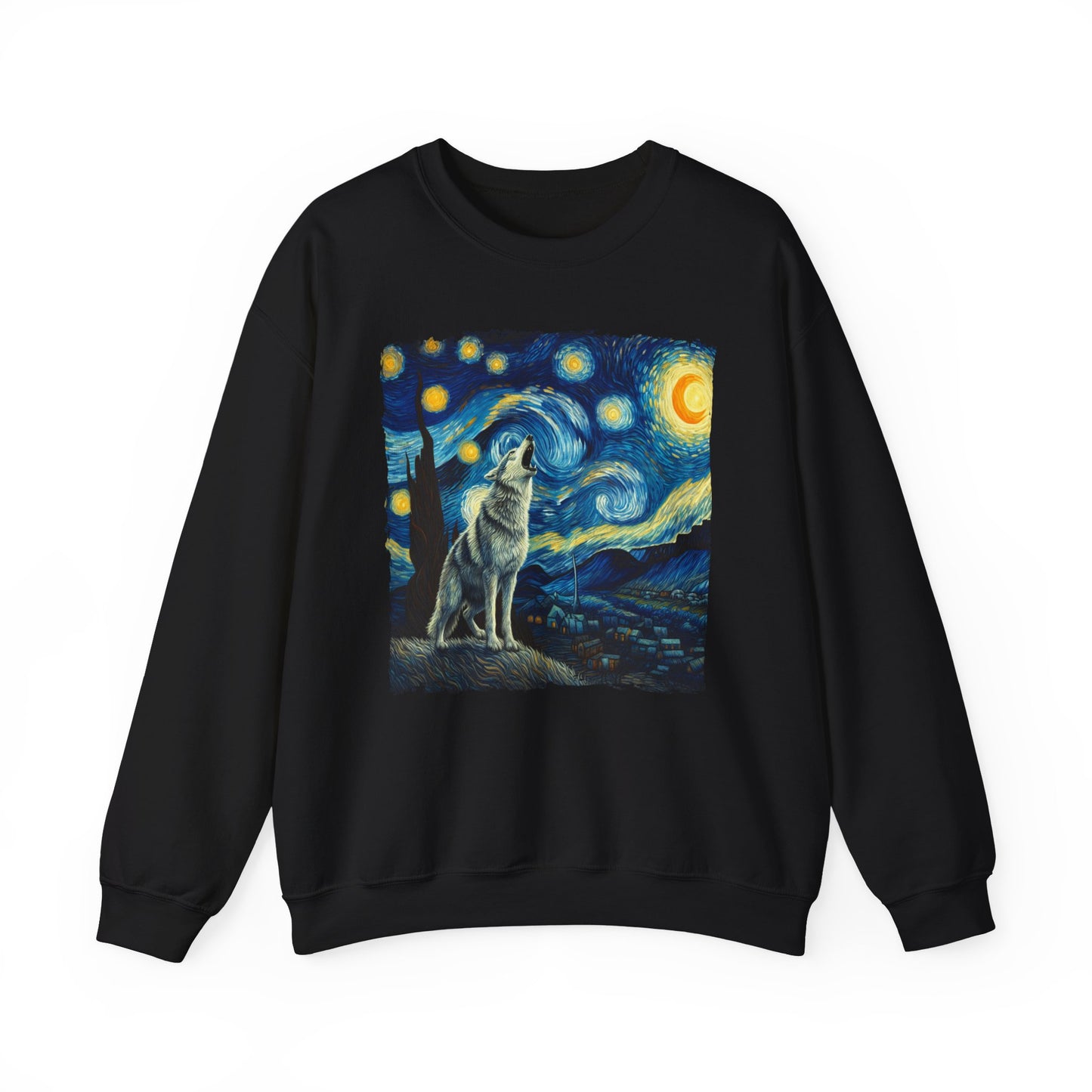 Lone Wolf Night Sky Crewneck Sweater | Mystical Wolf Pullover with Starry Night-Inspired Art Nature Wilderness Lover Gift Cool Wolf Sweater