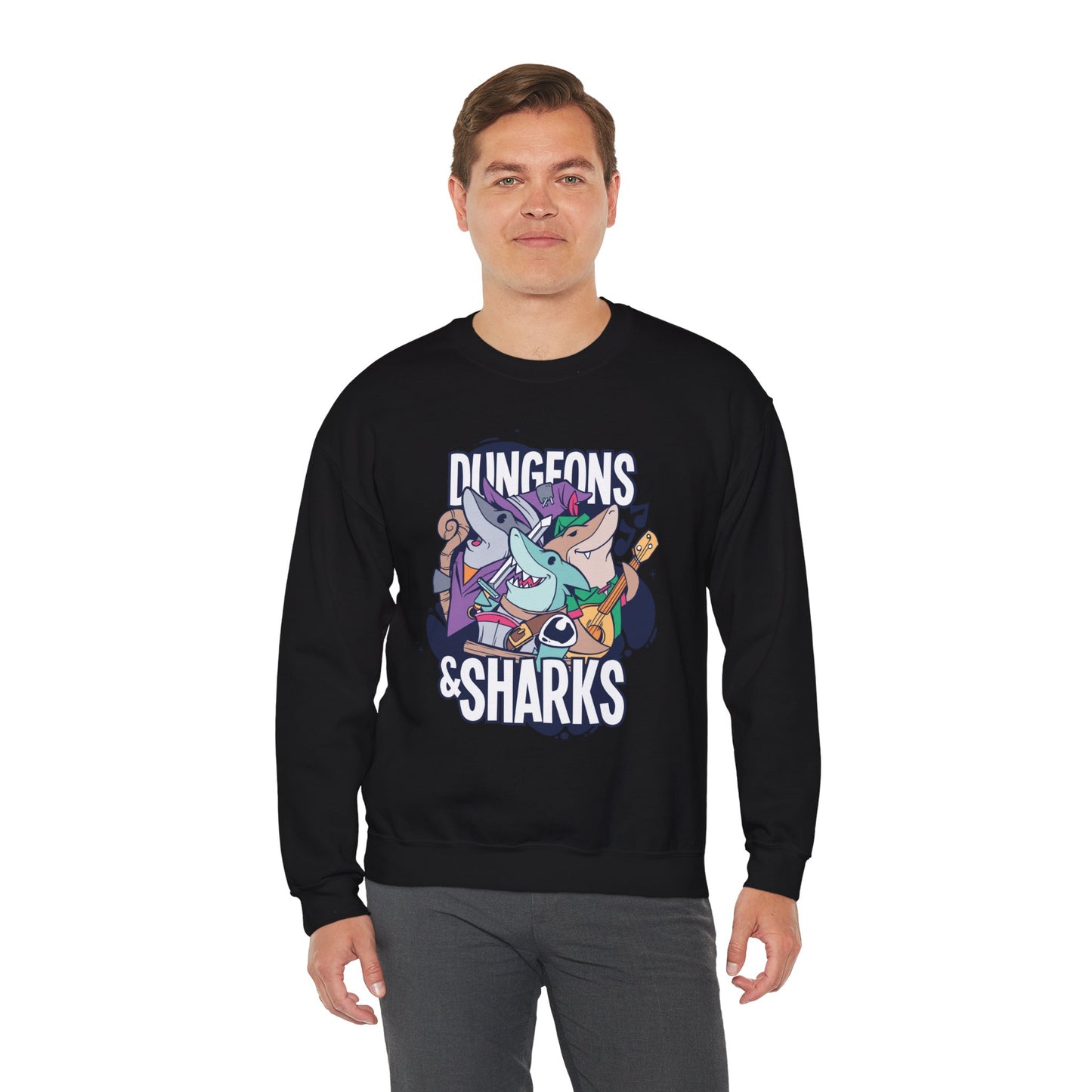 Dungeons and Sharks Funny D&D Parody Sweatshirt | Nerdy Fantasy Game Sweater Shark Lovers | Unique Winter Gift | Cozy Fun Sweatshirt Gamers